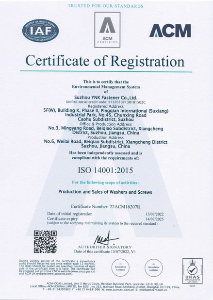 China Suzhou YNK Fastener Co., Ltd. certificaten