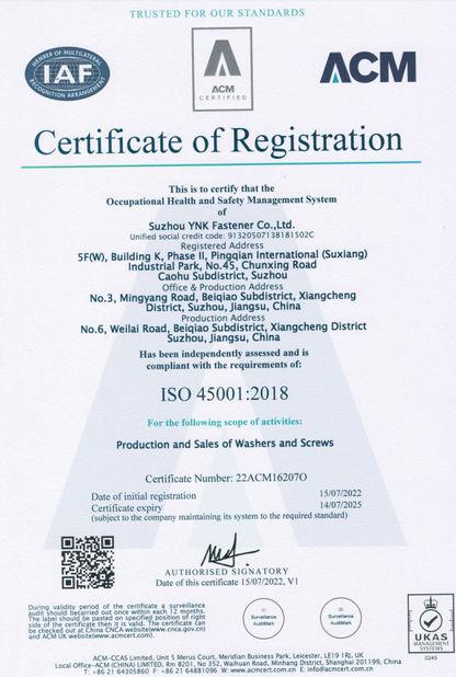 China Suzhou YNK Fastener Co., Ltd. certificaten